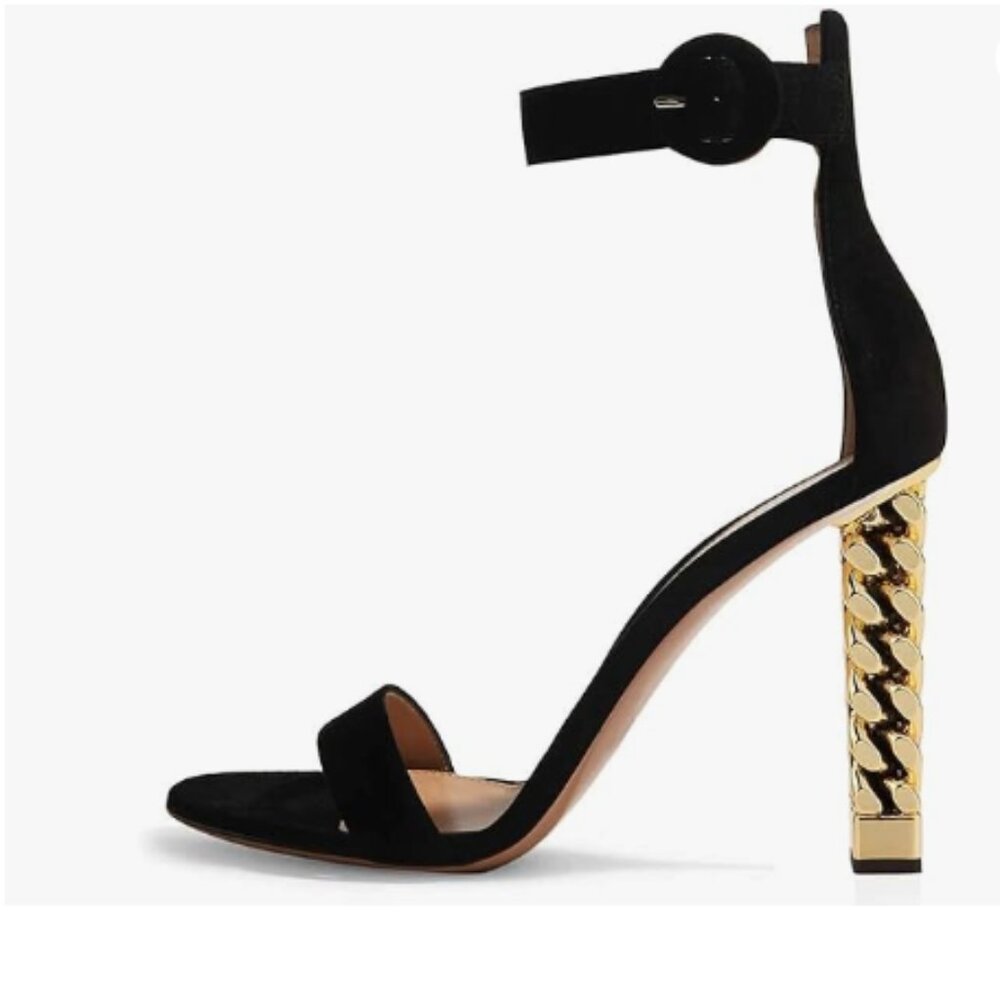 FSJ Black Suede Ankle Strap Gold Metal Chain Chunky Heel Open Toe Dressy Sandal